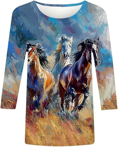 Horse Racing Shirts for Women 3/4 Sleeve Casual Tops Funny Graphic Tees Crewneck Loose Workout Tunic Blouse in Saudi Arabia