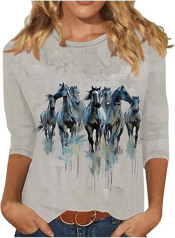 Horse Racing Shirts for Women 3/4 Sleeve Casual Tops Funny Graphic Tees Crewneck Loose Workout Tunic Blouse in Saudi Arabia