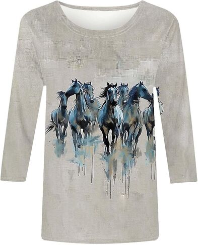 Horse Racing Shirts for Women 3/4 Sleeve Casual Tops Funny Graphic Tees Crewneck Loose Workout Tunic Blouse in Saudi Arabia