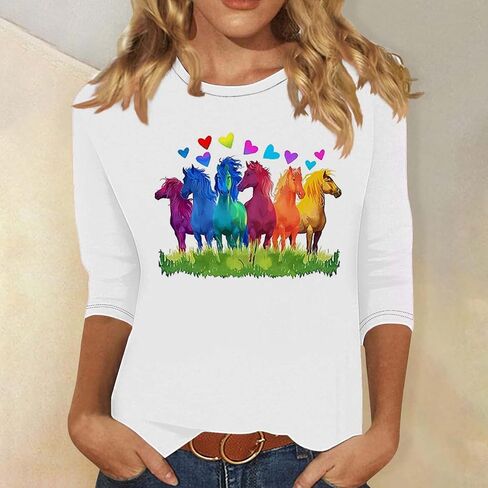 Horse Racing Shirts for Women 3/4 Sleeve Casual Tops Funny Graphic Tees Crewneck Loose Workout Tunic Blouse in Saudi Arabia