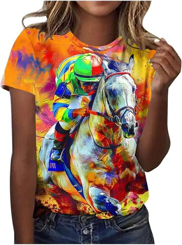 Vintage Graphic T-Shirt for Women Short Sleeve Loose Fit Tunic Tops Funny Horse Racing Tshirts Animal Print Tees in Kuwait