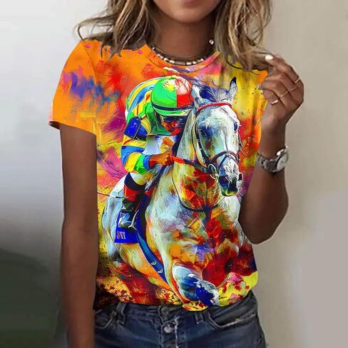 Vintage Graphic T-Shirt for Women Short Sleeve Loose Fit Tunic Tops Funny Horse Racing Tshirts Animal Print Tees in Kuwait