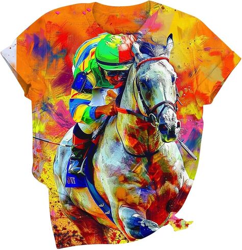 Vintage Graphic T-Shirt for Women Short Sleeve Loose Fit Tunic Tops Funny Horse Racing Tshirts Animal Print Tees in Kuwait