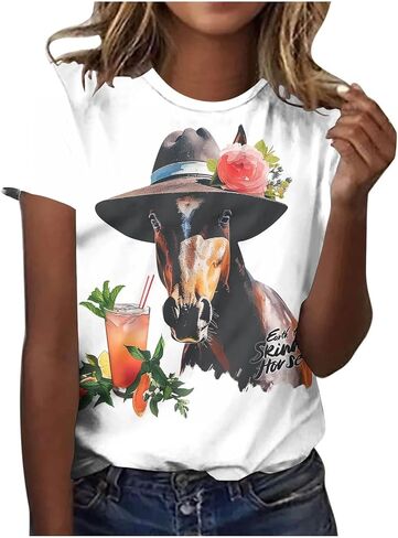 Vintage Graphic T-Shirt for Women Short Sleeve Loose Fit Tunic Tops Funny Horse Racing Tshirts Animal Print Tees in Kuwait