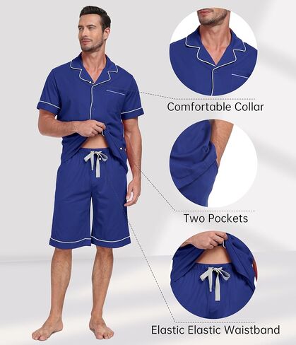 CF Mens 100% Cotton Pajamas Set Summer Shorts Set Button Down Pjs Set Soft Short Sleeve Lounge Set with Pockets & Front Fly in Kuwait
