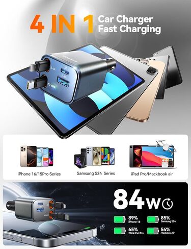 JOYROOM Retractable Car Charger 84W Car Charger USB C Fast Charge 4 in 1 in Kuwait