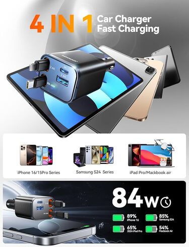 [2026 Ultra-Compact] JOYROOM Retractable Car Charger 84W Car Charger USB C for iPhone 16 17 Fast Charging, Car Accessories, Car Adapter Travel Essentials Gifts for Women Men, for iPhone 17 16 15 14 13 | [2026 Ultra-Compact] [180°Adjustable] Car Accessorie in Kuwait