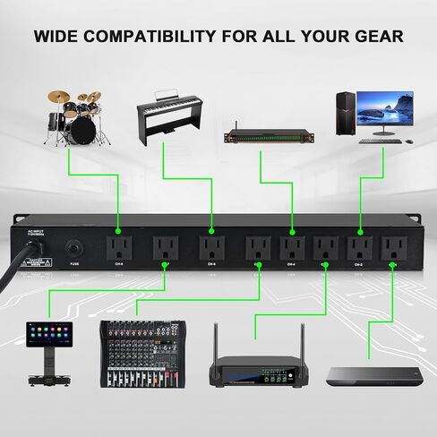 مكيف الطاقة لمعدات الصوت ، 10 منافذ 30A رف Mount Audio Digital Pro Power Controller منظم لاستوديو نظام الصوت المنزلي (MU-208FX) in Kuwait