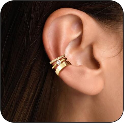 Gold Ear Cuffs Earrings for Women, Hypoallergenic 14k Gold Plated/Silver Cartilage Earring Set Dainty Cubic Zirconia Hoop Earrings Trendy Non Piercing Earrrings for Senstive Ears Gold Jewelry in Kuwait