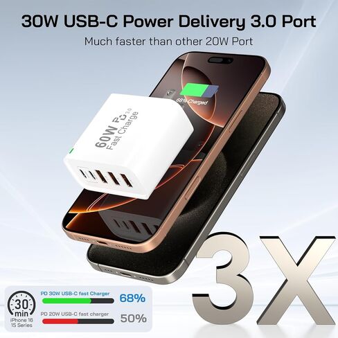 2Pack USB C كتلة شاحن سريع ، 60W 5-Port USB C Charger Cloch 30W Type C Clock Clock ، 2USB C+3USB A PPS/PD 3.0 Multiport Charge Cube for iPhone 16 15 14 13 Pro Max ، for Galaxy S24 S23 Ultra ، i pad pad in Kuwait