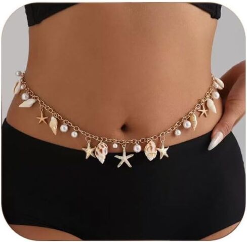 Seashell Starfish Chains Waist for Women Boho Conch Belly Body Chains Pearl Starfish Chains Waist Belt Summer Beach Body Jewelry (AA style) in Saudi Arabia