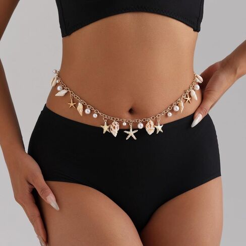 Seashell Starfish Chains Waist for Women Boho Conch Belly Body Chains Pearl Starfish Chains Waist Belt Summer Beach Body Jewelry (AA style) in Saudi Arabia