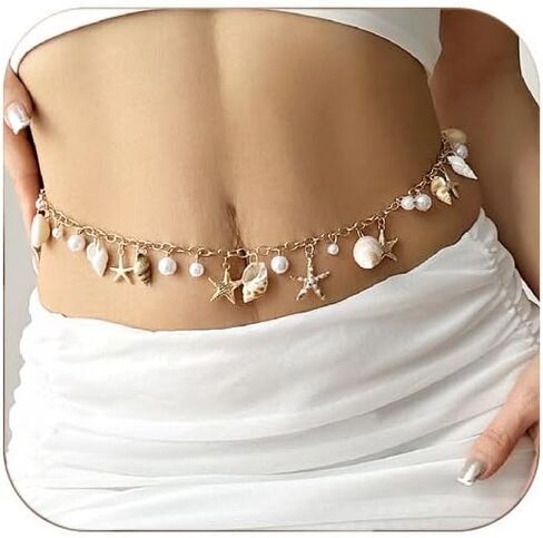 Seashell Starfish Chains Waist for Women Boho Conch Belly Body Chains Pearl Starfish Chains Waist Belt Summer Beach Body Jewelry (AA style) in Saudi Arabia