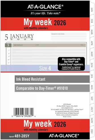 AT-A-GLANCE 2026 Planner Refill, Weekly & Monthly, 3.75" x 6.75", Portable Size 3, Loose-Leaf (471-285Y-26) in Kuwait
