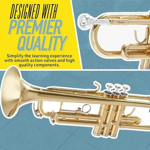 Mendini By Cecilio Bb Standard Trumpet Set for Beginners - Brass Student Trumpet Instrument with Hard Case, 7C Mouthpiece, Valve Oil, Cleaning Cloth, Gloves (Gold) in Kuwait
