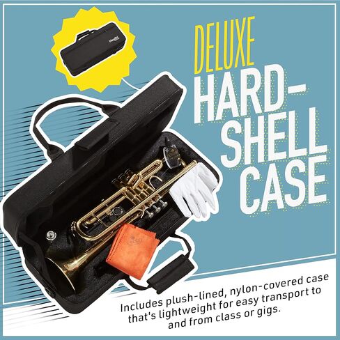 Mendini By Cecilio Bb Standard Trumpet Set for Beginners - Brass Student Trumpet Instrument with Hard Case, 7C Mouthpiece, Valve Oil, Cleaning Cloth, Gloves (Gold) in Kuwait