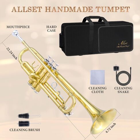 ALLSET Bb Standard Trumpet for Beginners | Student Band, Orchestra, Pro Level Performance | Professional Brass Trumpet Kit with Hard Case, 7C Mouthpiece& Cleaning Kit | Gold in Saudi Arabia