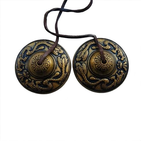 Vintage Brass Tibetan Tingsha Cymbals – Double Dragon, Tibetan Script, or Eight Auspicious Symbols – Handcrafted Meditation Bell, 6.5cm Diameter (Double Dragon) in Kuwait