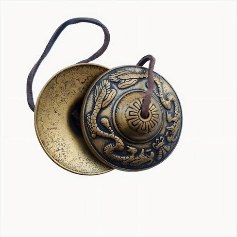 Vintage Brass Tibetan Tingsha Cymbals – Double Dragon, Tibetan Script, or Eight Auspicious Symbols – Handcrafted Meditation Bell, 6.5cm Diameter (Double Dragon) in Kuwait