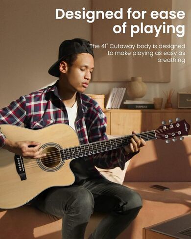 Moukey 41" Acoustic Guitar for Beginners Adult Teen Full Size Guitarra Acustica with Chord Poster, Gig Bag, Tuner,Steel Strings, Capo, Strap - Black in Kuwait