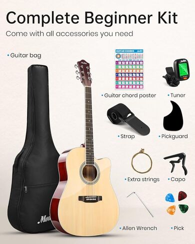 Moukey 41" Acoustic Guitar for Beginners Adult Teen Full Size Guitarra Acustica with Chord Poster, Gig Bag, Tuner,Steel Strings, Capo, Strap - Black in Kuwait