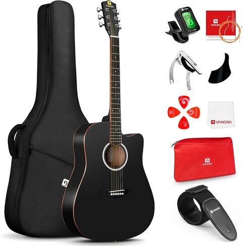 فانجوا 41 "حزمة الغيتار الصوتية للبالغين المبتدئين المراهقين درجات الحجم الكامل Cutaway Guitarra Acústica مع روابط خشبية ، حقيبة أزعج ، موالف ، سلاسل الصلب ، كابو ، حزام ، أسود in Kuwait