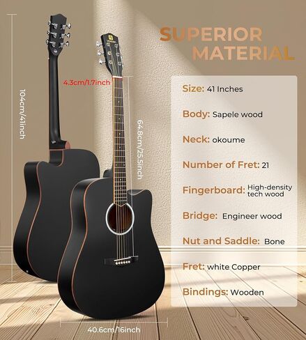فانجوا 41 "حزمة الغيتار الصوتية للبالغين المبتدئين المراهقين درجات الحجم الكامل Cutaway Guitarra Acústica مع روابط خشبية ، حقيبة أزعج ، موالف ، سلاسل الصلب ، كابو ، حزام ، أسود in Kuwait