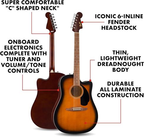 Fender California لاول مرة في Redondo CE Series Acoustic Guitar ، الجيتار المبتدئين ، ضمان لمدة عامين ، يشمل موالفًا مدمجًا ، أسود in Kuwait