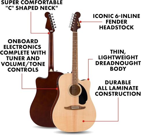 Fender California لاول مرة في Redondo CE Series Acoustic Guitar ، الجيتار المبتدئين ، ضمان لمدة عامين ، يشمل موالفًا مدمجًا ، أسود in Kuwait