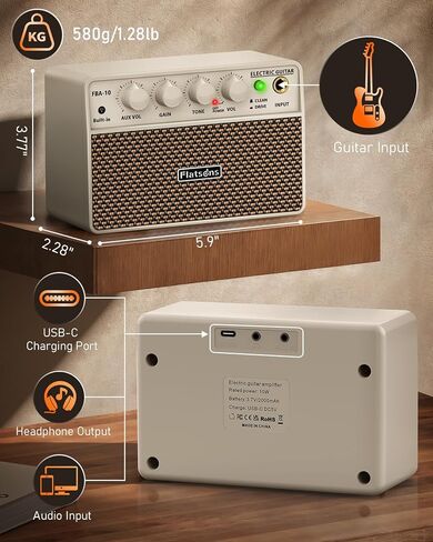 FBA-10 Guitar Amp, 10W Mini Electric Guitar Amplifier with Clean/Drive Channel, 6H Working, USB-C Rechargeable, 3.5mm Headphone/AUX Jack, Wireless Portable Amp for Indoor Practice, Traveling in Saudi Arabia
