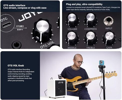 JOYO 30W Bass Amp Portable Combo Amplifier 4" Speaker with Bluetooth 5.1 + OTG Direct Recording | 3-Band EQ + Compressor | Headphone Practice for Bassist Livestream Solo Gigs (Vibe Cube BA-30, Black) in Saudi Arabia