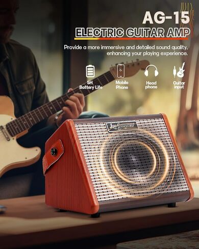 Leo Jaymz 15W Portable Electric Guitar Amp with BT, Rechargeable Battery, Built-in Effects Reverb, Overdrive, EQ, Woodgrain Finish, and 6.35mm Headphone Jack (AG-15) in Kuwait