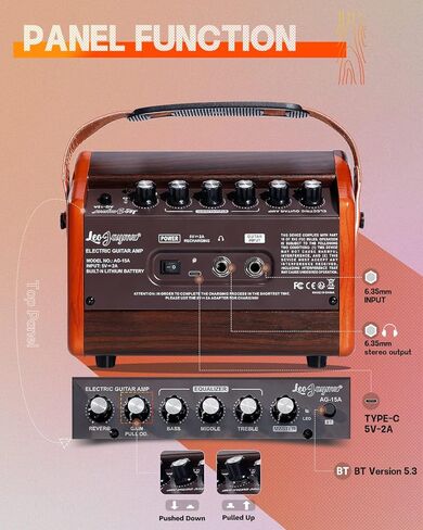 Leo Jaymz 15W Portable Electric Guitar Amp with BT, Rechargeable Battery, Built-in Effects Reverb, Overdrive, EQ, Woodgrain Finish, and 6.35mm Headphone Jack (AG-15) in Kuwait