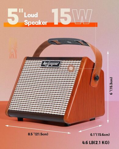 Leo Jaymz 15W Portable Electric Guitar Amp with BT, Rechargeable Battery, Built-in Effects Reverb, Overdrive, EQ, Woodgrain Finish, and 6.35mm Headphone Jack (AG-15) in Kuwait