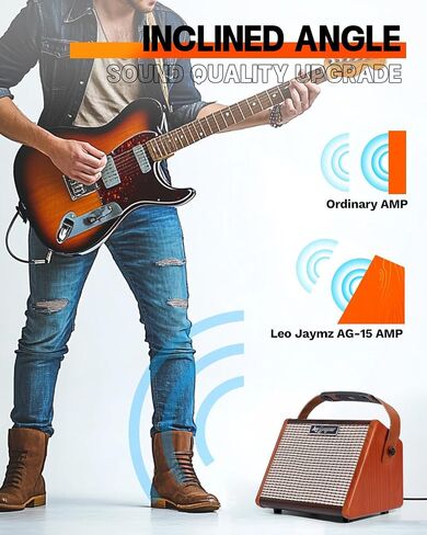 Leo Jaymz 15W Portable Electric Guitar Amp with BT, Rechargeable Battery, Built-in Effects Reverb, Overdrive, EQ, Woodgrain Finish, and 6.35mm Headphone Jack (AG-15) in Kuwait