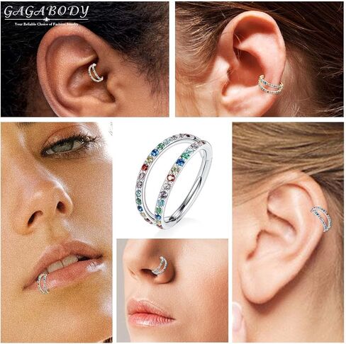 16g Daith Earrings Hoop Earrings Silver Nose Hoops Double Open Stack 16 Gauge Septum Hoop CZ&Opal Seamless Septum Clicker 8mm Septum Ring Surgical Steel Helix Earring Rook Earrings Nose Rings in Saudi Arabia