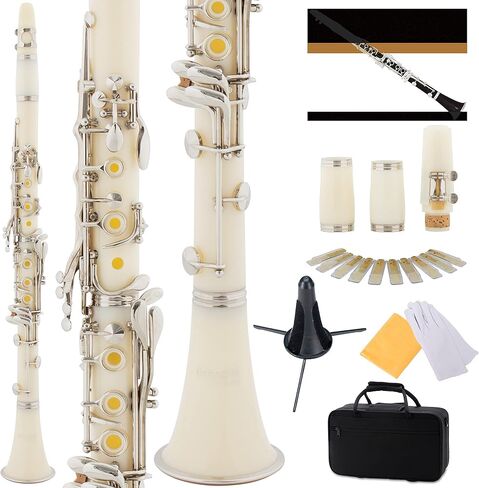 Mendini by Cecilio B Flat Clarinet للمبتدئين ، Ebonite BB Clarinet مع براميل قابلة للاستبدال ، 10 قصب ، حامل ، كتاب جيب ، لسان حال ، حالة صلبة ، قفازات (أسود) in Kuwait