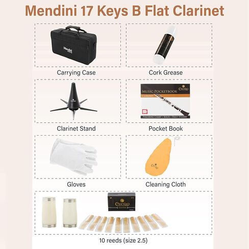 Mendini by Cecilio B Flat Clarinet للمبتدئين ، Ebonite BB Clarinet مع براميل قابلة للاستبدال ، 10 قصب ، حامل ، كتاب جيب ، لسان حال ، حالة صلبة ، قفازات (أسود) in Kuwait