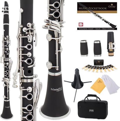 Mendini by Cecilio B Flat Clarinet للمبتدئين ، Ebonite BB Clarinet مع براميل قابلة للاستبدال ، 10 قصب ، حامل ، كتاب جيب ، لسان حال ، حالة صلبة ، قفازات (أسود) in Kuwait