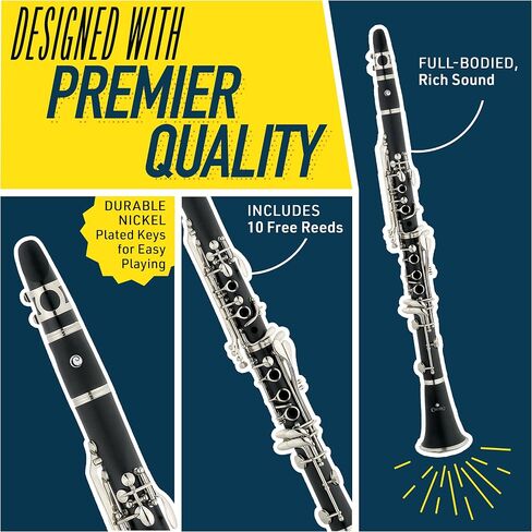 Mendini by Cecilio B Flat Clarinet للمبتدئين ، Ebonite BB Clarinet مع براميل قابلة للاستبدال ، 10 قصب ، حامل ، كتاب جيب ، لسان حال ، حالة صلبة ، قفازات (أسود) in Kuwait