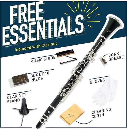 Mendini by Cecilio B Flat Clarinet للمبتدئين ، Ebonite BB Clarinet مع براميل قابلة للاستبدال ، 10 قصب ، حامل ، كتاب جيب ، لسان حال ، حالة صلبة ، قفازات (أسود) in Kuwait