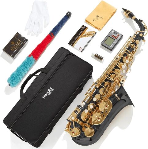 Mendini By Cecilio Alto Saxophone for Beginners, E Flat Tenor Saxophone for Students Musicians with Tuner, Mouthpiece, Case, 10 Reeds, Grease, Cleaning Cloth & Rod, Gloves, Strap, Book (Black Gold) in Saudi Arabia