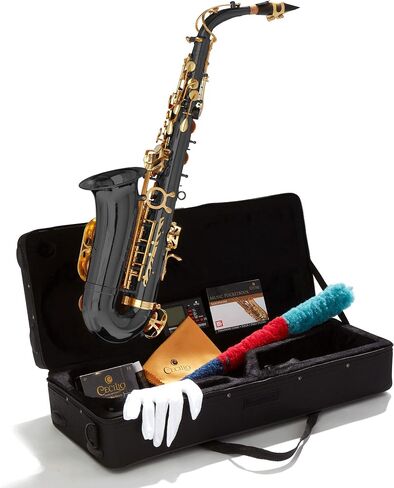 Mendini By Cecilio Alto Saxophone for Beginners, E Flat Tenor Saxophone for Students Musicians with Tuner, Mouthpiece, Case, 10 Reeds, Grease, Cleaning Cloth & Rod, Gloves, Strap, Book (Black Gold) in Saudi Arabia