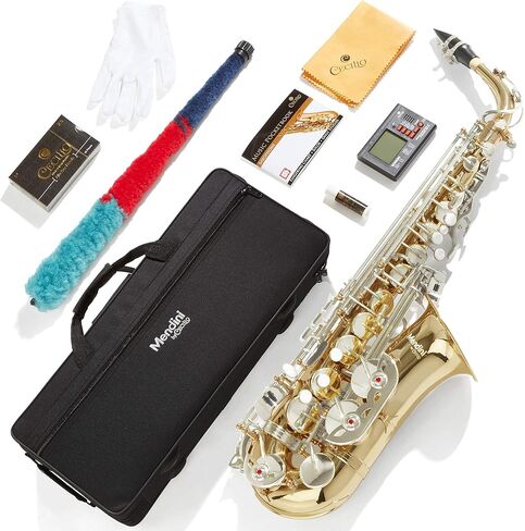 Mendini By Cecilio Alto Saxophone for Beginners, E Flat Tenor Saxophone for Students Musicians with Tuner, Mouthpiece, Case, 10 Reeds, Grease, Cleaning Cloth & Rod, Gloves, Strap, Book (Black Gold) in Saudi Arabia
