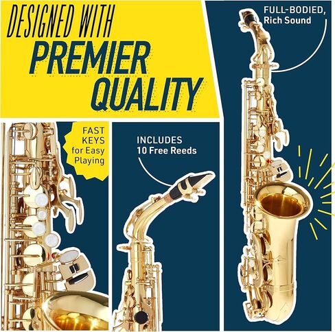 Mendini By Cecilio Alto Saxophone for Beginners, E Flat Tenor Saxophone for Students Musicians with Tuner, Mouthpiece, Case, 10 Reeds, Grease, Cleaning Cloth & Rod, Gloves, Strap, Book (Black Gold) in Saudi Arabia
