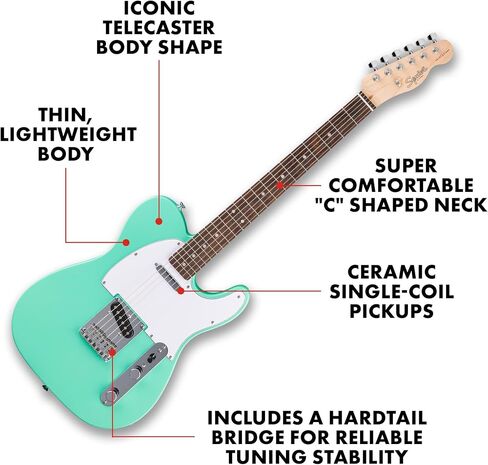 Fender Squier لاول مرة سلسلة Telecaster Electric Guitar ، الجيتار المبتدئين ، ضمان لمدة عامين ، ويشمل دروسًا مجانية ، ورغوة البحر الأخضر مع الانتهاء من الساتان يوريتان in Saudi Arabia