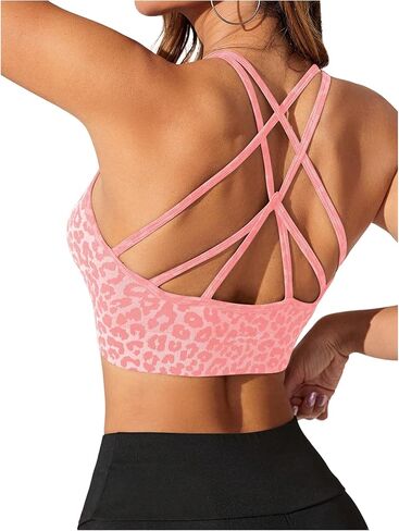 MakeMeChic Women's Sports Bras Leopard Criss Cross Spaghetti Strap Workout Yoga Sport Bra in Saudi Arabia