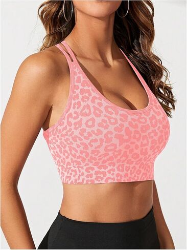 MakeMeChic Women's Sports Bras Leopard Criss Cross Spaghetti Strap Workout Yoga Sport Bra in Saudi Arabia