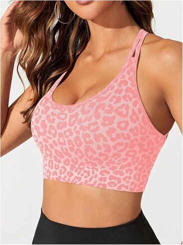MakeMeChic Women's Sports Bras Leopard Criss Cross Spaghetti Strap Workout Yoga Sport Bra in Saudi Arabia