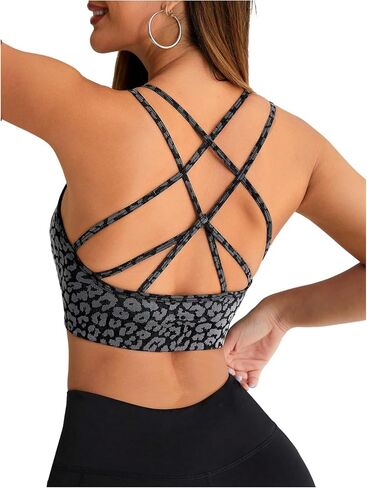 MakeMeChic Women's Sports Bras Leopard Criss Cross Spaghetti Strap Workout Yoga Sport Bra in Saudi Arabia